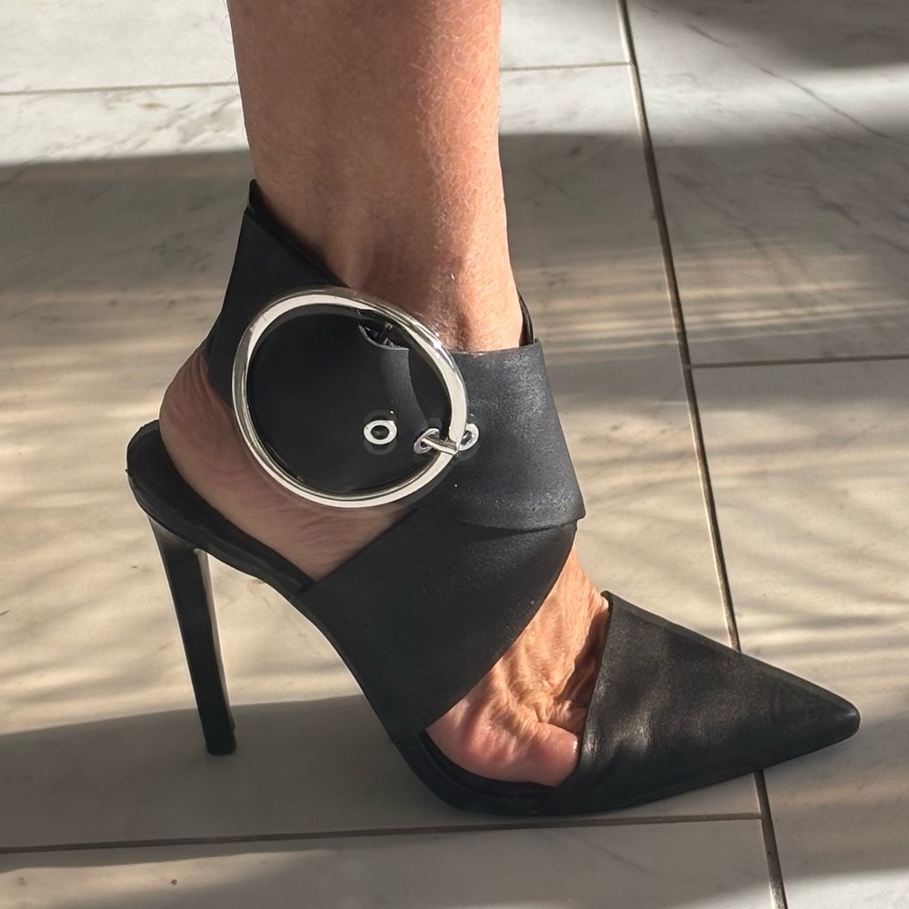 Black Stiletto Heels with Silver Buckle
